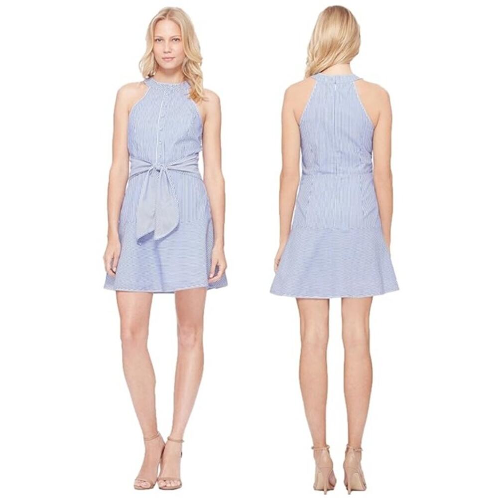 Parker Lauralie Combo Dress Halter Neck Pinstriped Blue White Women's Size 2 NWT
